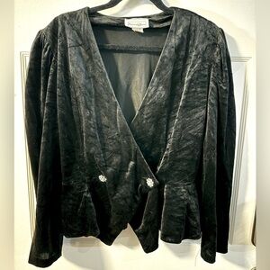Vintage 80’s Black Velvet Wrap Front Rhinestone Cropped Blazer Fancy Party Top